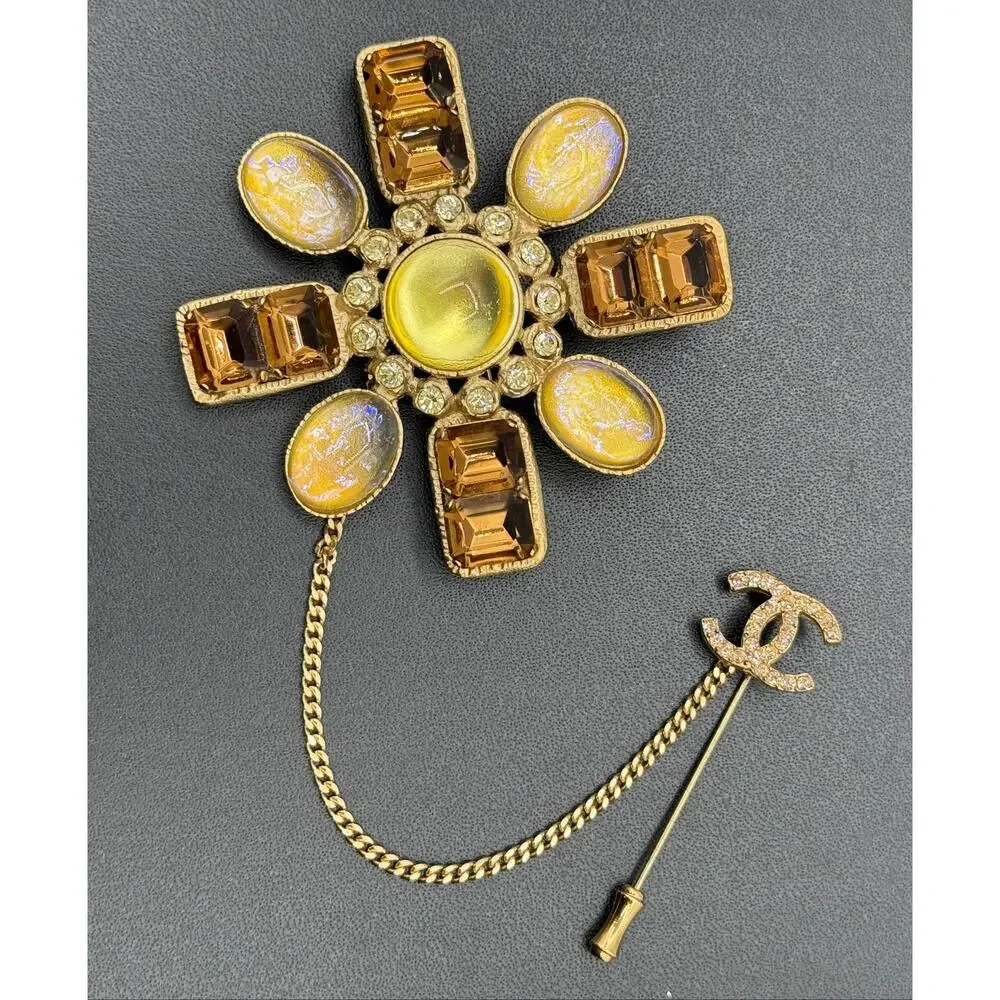 Chanel 2002 Gold, Yellow & Bronze Gripoix CC Brooch/Pin
